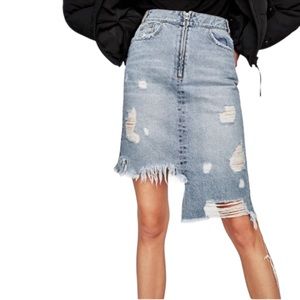 Zara Distressed Asymmetrical Blue Denim Midi Skirt